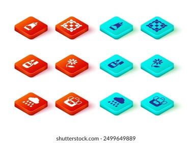 Set Cloud with rain, Hiking backpack, Lighter, Flower, Checkered napkin and Sauce bottle icon. Vector