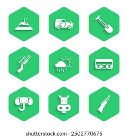 Set Cloud with rain, Hippo or Hippopotamus, Hunting gun, cartridge belt, Elephant, Sniper rifle scope, Shovel and Hunter hat icon. Vector