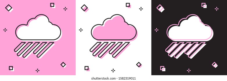 Set Cloud with rain icon isolated on pink and white, black background. Rain cloud precipitation with rain drops.  Vector Illustration