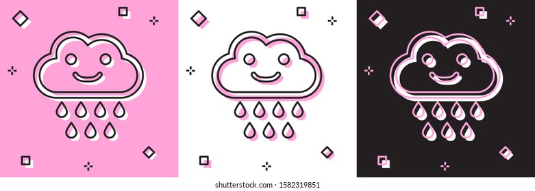 Set Cloud with rain icon isolated on pink and white, black background. Rain cloud precipitation with rain drops.  Vector Illustration