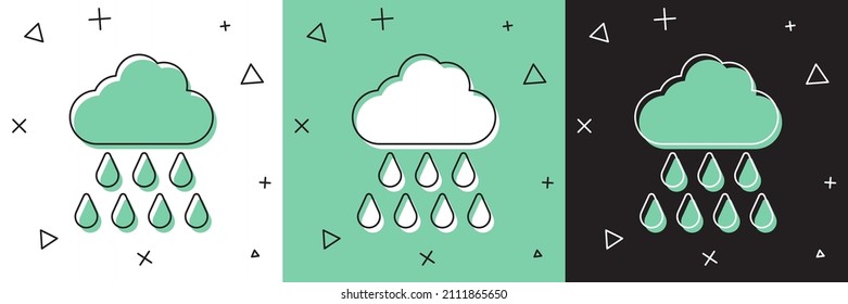 Set Cloud with rain icon isolated on white and green, black background. Rain cloud precipitation with rain drops.  Vector