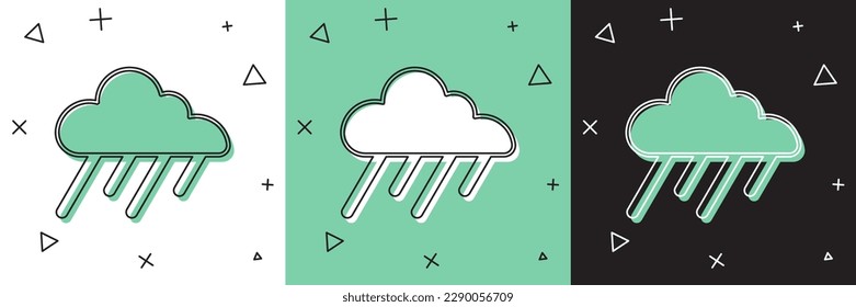 Set Cloud with rain icon isolated on white and green, black background. Rain cloud precipitation with rain drops.  Vector
