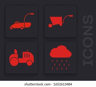 Set Cloud with rain, Lawn mower, Wheelbarrow and Tractor icon. Vector