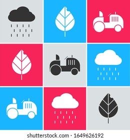 Set Cloud with rain, Leaf and Tractor icon. Vector