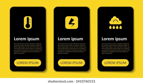 Set Cloud with rain, Lightning bolt and Thermometer. Business infographic template. Vector