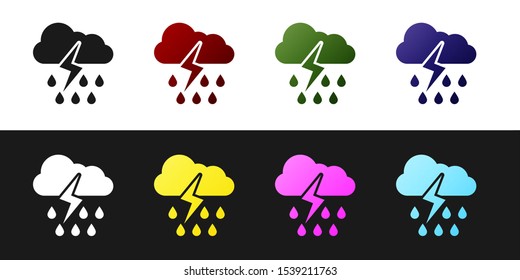 Set Cloud with rain and lightning icon isolated on black and white background. Rain cloud precipitation with rain drops.Weather icon of storm.  Vector Illustration