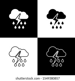 Set Cloud with rain and lightning icon isolated on black and white background. Rain cloud precipitation with rain drops.Weather icon of storm.  Vector Illustration