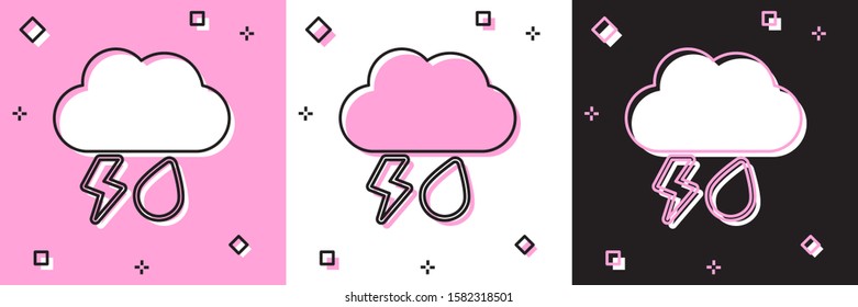 Set Cloud with rain and lightning icon isolated on pink and white, black background. Rain cloud precipitation with rain drops.Weather icon of storm.  Vector Illustration