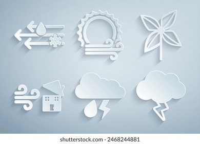 Set Cloud with rain and lightning, Pinwheel, Tornado swirl, Storm, Wind sun and snow icon. Vector
