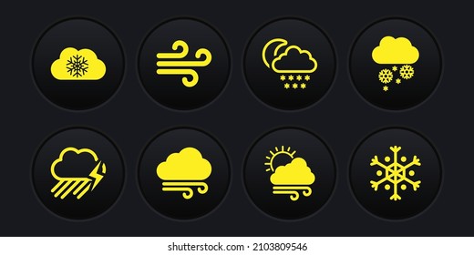 Set Cloud with rain and lightning, snow, Windy weather, moon and  icon. Vector