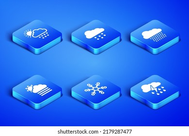 Set Cloud with rain and lightning, snow sun, Snowflake, Fog cloud,  and  icon. Vector