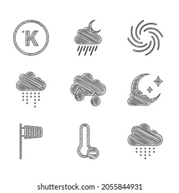 Set Cloud mit Regen, Meteorologie Thermometer, Mond, Kone Windsock Wind Vane, Tornado und Kelvin Ikone. Vektorgrafik