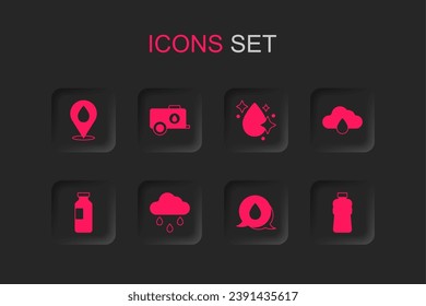 Set Cloud with rain, Mobile water tank, Water drop location, speech bubbles, Bottle of,  and  icon. Vector