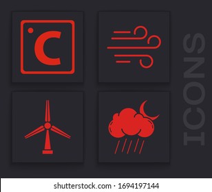 Set Cloud with rain and moon, Celsius, Wind and Wind turbine icon. Vector