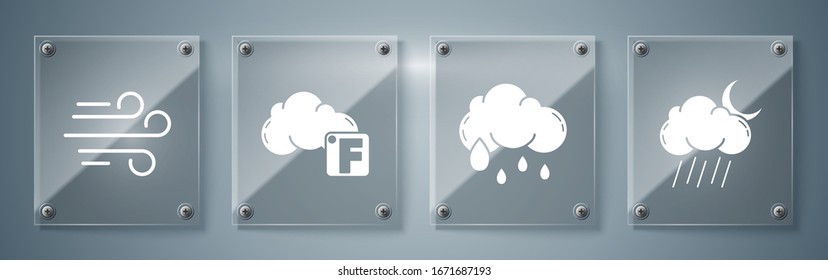 Wolke mit Regen und Mond, Wolke mit Regen, Fahrenheit und Wolke und Wind. Viereckige Glasplatten. Vektorillustration