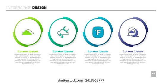 Bewölkt mit Regen und Mond, Fahrenheit und Location Cloud. Infografik-Vorlage für Unternehmen. Vektorgrafik