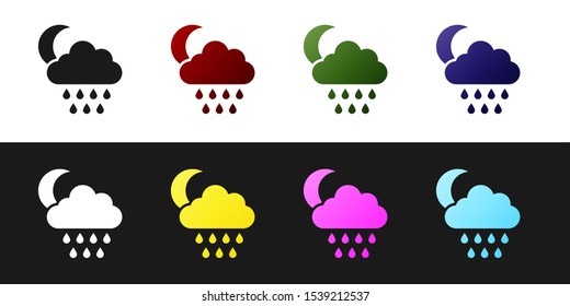 Set Cloud with rain and moon icon isolated on black and white background. Rain cloud precipitation with rain drops.  Vector Illustration