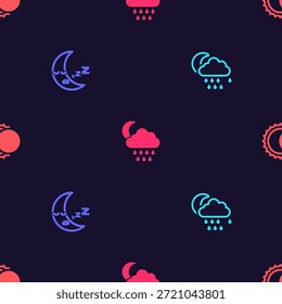 Establecer Nube con la lluvia y la luna, icono de la luna, y Eclipse del sol en patrón transparente. Vector