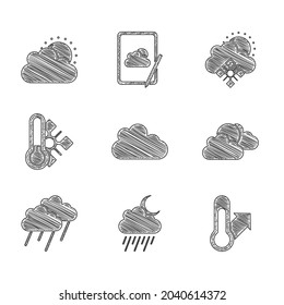 Set Cloud, with rain and moon, Meteorology thermometer, Sun cloud weather, snow sun and  icon. Vector