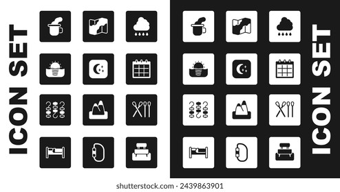 Set Cloud with rain, Moon and stars, Sunrise, Cup of tea, Calendar, Camping hiking map, Match stick and Grilled shish kebab skewer icon. Vector