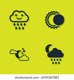 Set Cloud with rain, and moon, stars and Eclipse of the sun icon. Vector
