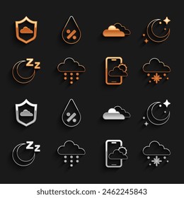Wolkenhöhe mit Regen, Mond und Sternen, Schnee, Wetter-Vorhersage, Schlafzeit und Wasser-Tropfen-Prozentzeichen. Vektorgrafik