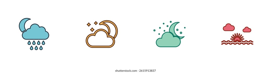 Set Cloud with rain and moon, stars,  and Sunset icon. Vector
