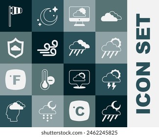 Set Cloud with rain and moon, Storm, sun, Weather forecast, Windy weather, Cone windsock wind vane and  icon. Vector