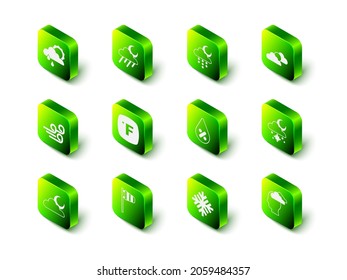 Set Cloud with rain and moon, Sun cloud weather, snow sun, Man having headache, Water drop percentage, Snowflake and Cone windsock wind vane icon. Vector