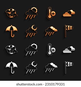 Set Cloud with rain and moon, Sun cloud weather, Cone windsock wind vane, Umbrella, Meteorology thermometer, Earth planet clouds and sun icon. Vector