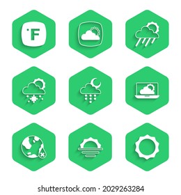 Wolken mit Regen und Mond setzen, Sonnenaufgang, Wettervorhersage, Wassertropfprozentsatz, Schneelonne und Fahrenheit Symbol. Vektorgrafik