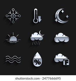 Wolke setzen mit Regen und Mond, Wassertropfen Prozentsatz, Fahrenheit Wolke, Wellen, Sonnenaufgang, Mondsterne und Schneeflocken-Symbol. Vektorgrafik
