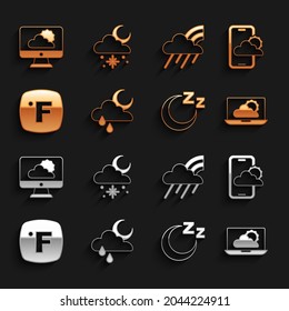 Set Cloud with rain and moon, Weather forecast, Time to sleep, Fahrenheit, Rainbow cloud,  and snow sun icon. Vector