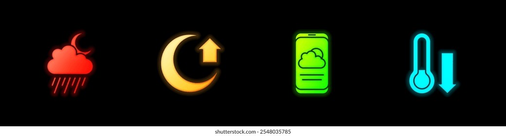Nube con lluvia y luna, Luna, pronóstico de Clima e ícono de termómetro de meteorología. Vector