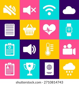 Video Establezca la nube con la lluvia, la película o la cámara, el reloj inteligente inalámbrico, la red Wi-Fi, la cesta de la compra y el icono del cuaderno. Vector