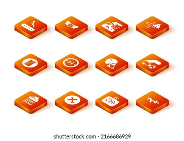Set Cloud with rain, Plane, No cell phone, Helicopter landing pad, Suitcase, Modern pilot helmet, UAV Drone and Passenger ladder icon. Vector