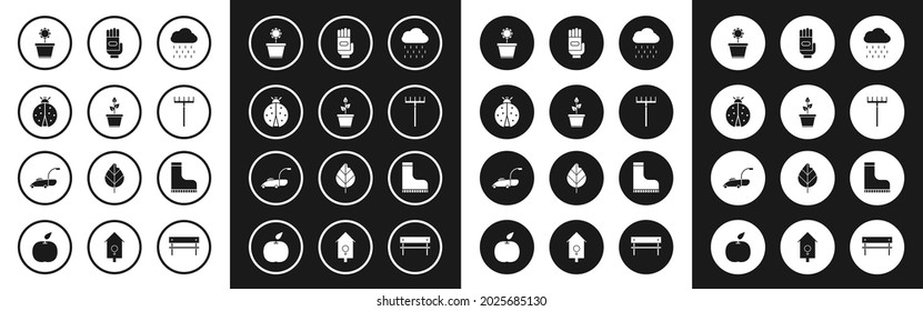 Set Cloud with rain, Plant pot, Ladybug, Flower, Garden rake, gloves, Waterproof rubber boot and Lawn mower icon. Vector