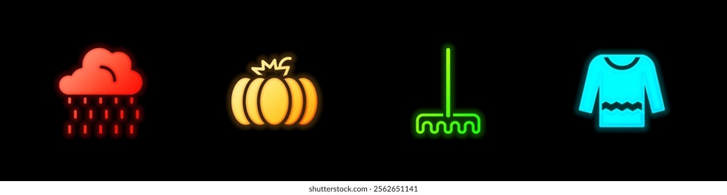 Set Cloud with rain, Pumpkin, Garden rake and Sweater icon. Vector