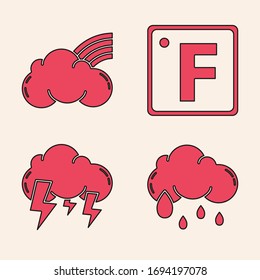 Set Cloud with rain, Rainbow with clouds, Fahrenheit and Storm icon. Vector
