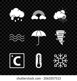 Set Cloud with rain, Rainbow clouds, Windy weather, Celsius, Thermometer, Snowflake, Waves and Classic elegant opened umbrella icon. Vector