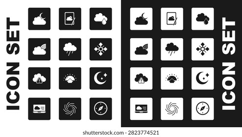 Set Cloud with rain, Rainbow clouds, moon, Snowflake, Weather forecast, Moon and stars and Storm warning icon. Vector