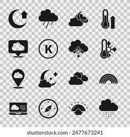 Set Cloud with rain, Rainbow, Meteorology thermometer, moon, Kelvin, Location cloud, Moon and snow icon. Vector