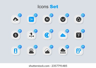 Set Cloud with rain, Rooster weather vane, Wind, Thermometer, Fahrenheit,  and Moon phases icon. Vector