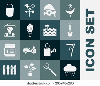 Ponga en la nube con lluvia, Scythe, Shovel, Queso, manzana de árbol, sombrero de granjero, icono de cama de cubo y jardín. Vector