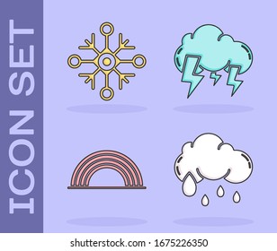 Set Cloud with rain, Snowflake, Rainbow with clouds and Storm icon. Vector