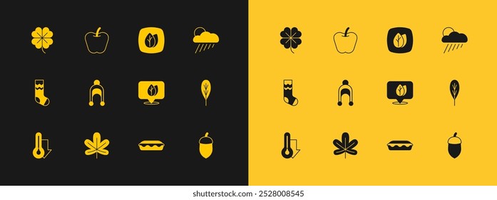 Set Cloud with rain and sun, Chestnut leaf, Location, Homemade pie, Winter hat, Leaf, Four clover and Apple icon. Vector