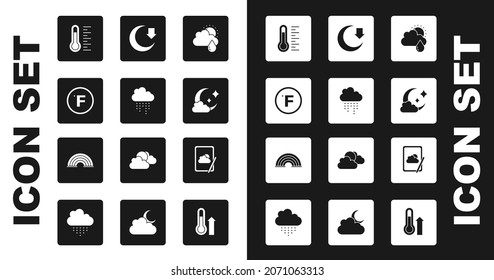 Set Cloud with rain and sun, Fahrenheit, Meteorology thermometer, moon, Moon, Weather forecast and Rainbow icon. Vector