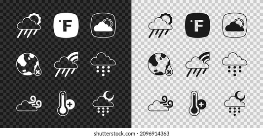 Die Wolke mit Regen und Sonne, Fahrenheit, Wettervorhersage, Wind Wetter, Meteorologie-Thermometer, Mond, Wassertropfen und Regenbogenwolke-Icon. Vektorgrafik