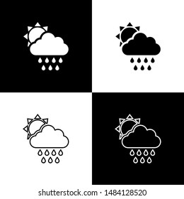 Set Cloud with rain and sun icon isolated on black and white background. Rain cloud precipitation with rain drops.  Vector Illustration