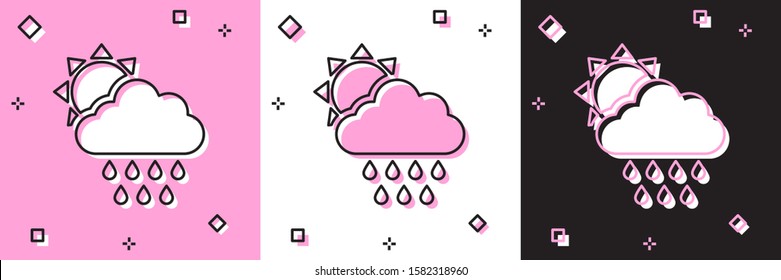 Set Cloud with rain and sun icon isolated on pink and white, black background. Rain cloud precipitation with rain drops.  Vector Illustration